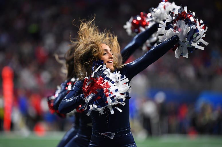 New England Patriots cheerleaders performs during the second quarter against the Los Angeles Rams in Super Bowl LIII at Mercedes-Benz Stadium. New England Patriots cheerleaders performs during the second quarter against the Los Angeles Rams in Super Bowl LIII at Mercedes-Benz Stadium.