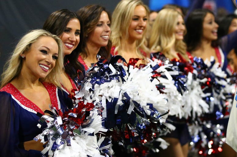 New England Patriots cheerleaders perform against the Los Angeles Rams in the third quarter in Super Bowl LIII at Mercedes-Benz Stadium. New England Patriots cheerleaders perform against the Los Angeles Rams in the third quarter in Super Bowl LIII at Mercedes-Benz Stadium.