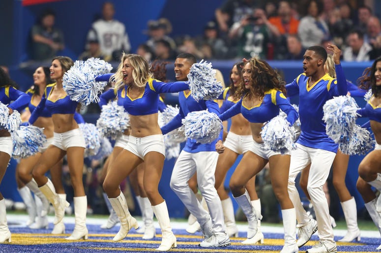 os Angeles Rams cheerleaders perform against the New England Patriots in the third quarter in Super Bowl LIII at Mercedes-Benz Stadium. os Angeles Rams cheerleaders perform against the New England Patriots in the third quarter in Super Bowl LIII at Mercedes-Benz Stadium.