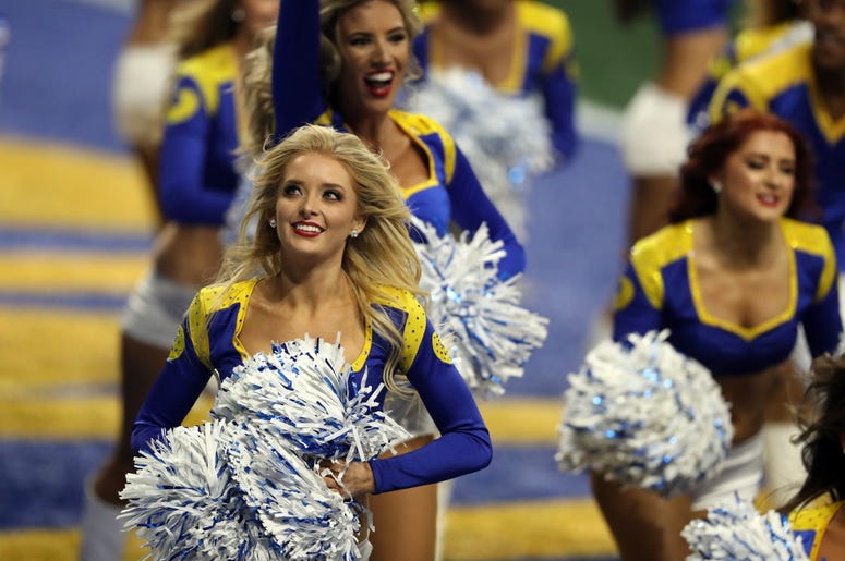 os Angeles Rams cheerleaders run off the field during the third quarter against the New England Patriots in Super Bowl LIII at Mercedes-Benz Stadium. os Angeles Rams cheerleaders run off the field during the third quarter against the New England Patriots in Super Bowl LIII at Mercedes-Benz Stadium.