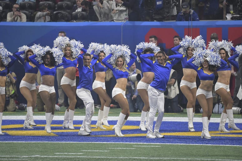 Los Angeles Rams cheerleaders perform in the end zone in Super Bowl LIII at Mercedes-Benz Stadium. Los Angeles Rams cheerleaders perform in the end zone in Super Bowl LIII at Mercedes-Benz Stadium.