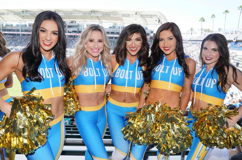 Los Angeles Chargers girls cheerleaders pose during the game against the Indianapolis Colts at Dignity Health Sports Park. Los Angeles Chargers girls cheerleaders pose during the game against the Indianapolis Colts at Dignity Health Sports Park.
