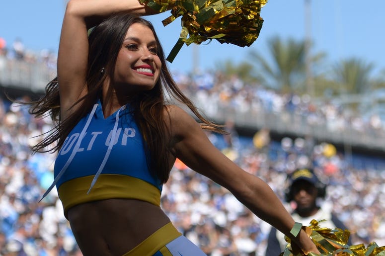 A Los Angeles Chargers cheerleader performs during the third quarter against the Indianapolis Colts at Dignity Health Sports Park. A Los Angeles Chargers cheerleader performs during the third quarter against the Indianapolis Colts at Dignity Health Sports Park.