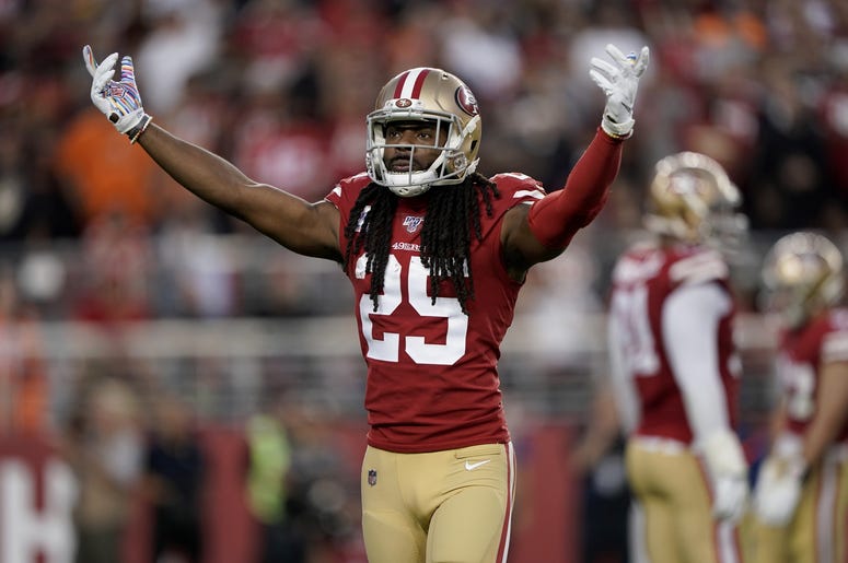 San Francisco 49ers cornerback Richard Sherman (25) encourages the crowd before a play against the Cleveland Browns in the second quarter at Levi's Stadium. San Francisco 49ers cornerback Richard Sherman (25) encourages the crowd before a play against the Cleveland Browns in the second quarter at Levi's Stadium.