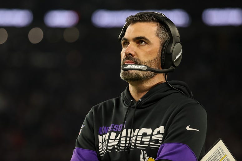 Oct 24, 2019; Minneapolis, MN, USA; Minnesota Vikings offensive coordinator Kevin Stefanski during the first quarter against the Washington Redskins at U.S. Bank Stadium. Mandatory Credit: Brace Hemmelgarn-USA TODAY Sports