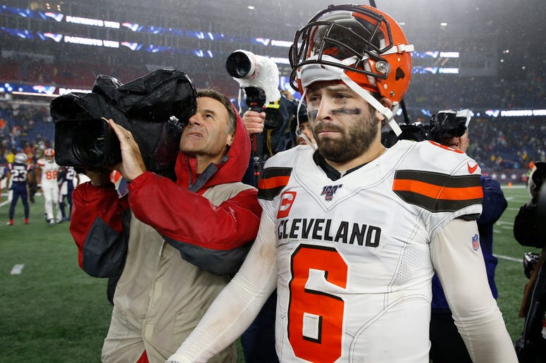 Oct 27, 2019; Foxborough, MA, USA; Cleveland Browns quarterback Baker Mayfield (6) reacts following the loss to the New England Patriots at Gillette Stadium. Mandatory Credit: Greg M. Cooper-USA TODAY Sports