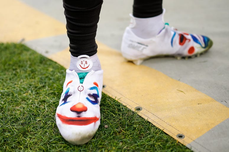 Nov 3, 2019; Denver, CO, USA; A detail view of the shoes worn by Cleveland Browns wide receiver Odell Beckham Jr. (13) in the second quarter against the Denver Broncos at Empower Field at Mile High. Mandatory Credit: Isaiah J. Downing-USA TODAY Sports