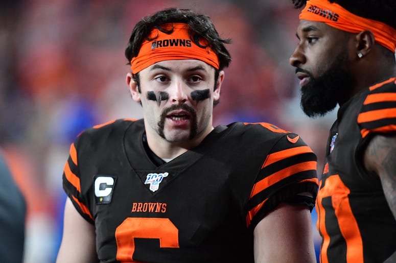 Nov 3, 2019; Denver, CO, USA; Cleveland Browns quarterback Baker Mayfield (6) talks to wide receiver Taywan Taylor (10) in the fourth quarter against the Denver Broncos at Empower Field at Mile High. Mandatory Credit: Ron Chenoy-USA TODAY Sports