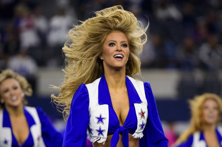 The Dallas Cowboys cheerleaders perform during the game between the Cowboys and the Buffalo Bills at AT&T Stadium. The Dallas Cowboys cheerleaders perform during the game between the Cowboys and the Buffalo Bills at AT&T Stadium.