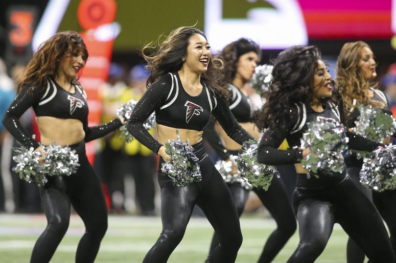 Atlanta Falcons cheerleaders perform against the New Orleans Saints in the first half at Mercedes-Benz Stadium. Atlanta Falcons cheerleaders perform against the New Orleans Saints in the first half at Mercedes-Benz Stadium.
