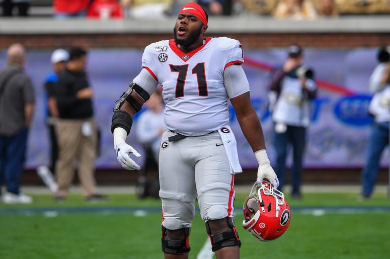 Nov 30, 2019; Atlanta, GA, USA; Georgia Bulldogs offensive lineman Andrew Thomas (71) prior to the game against the Georgia Tech Yellow Jackets at Bobby Dodd Stadium. Mandatory Credit: Dale Zanine-USA TODAY Sports
