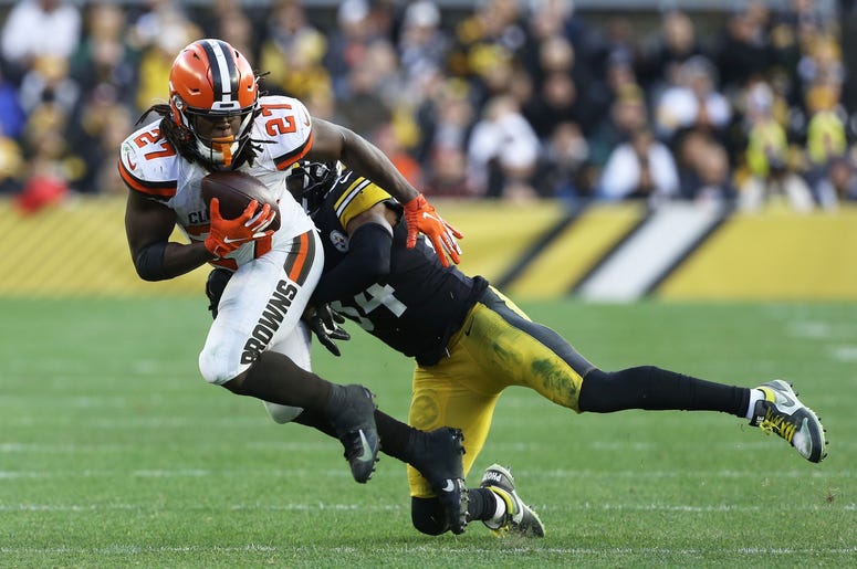 SA; Cleveland Browns running back Kareem Hunt (27) runs the ball against Pittsburgh Steelers strong safety Terrell Edmunds (34) during the fourth quarter at Heinz Field. The Steelers won 20- SA; Cleveland Browns running back Kareem Hunt (27) runs the ball against Pittsburgh Steelers strong safety Terrell Edmunds (34) during the fourth quarter at Heinz Field. The Steelers won 20-