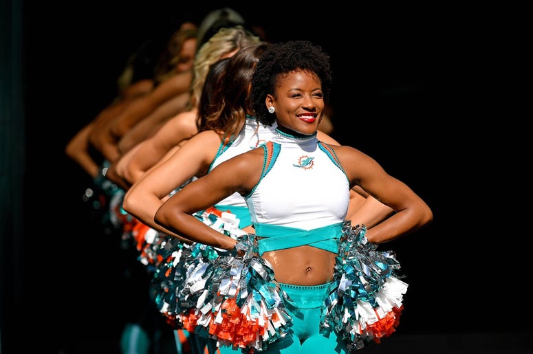 Miami Dolphins cheerleaders line up before a game against the Philadelphia Eagles at Hard Rock Stadium. Miami Dolphins cheerleaders line up before a game against the Philadelphia Eagles at Hard Rock Stadium.