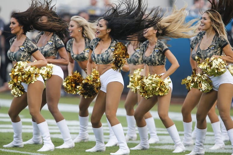 Members of the Jacksonville Jaguars cheerleaders \"The Roar\" perform during the second half against the Tampa Bay Buccaneers at TIAA Bank Field. Members of the Jacksonville Jaguars cheerleaders \"The Roar\" perform during the second half against the Tampa Bay Buccaneers at TIAA Bank Field.