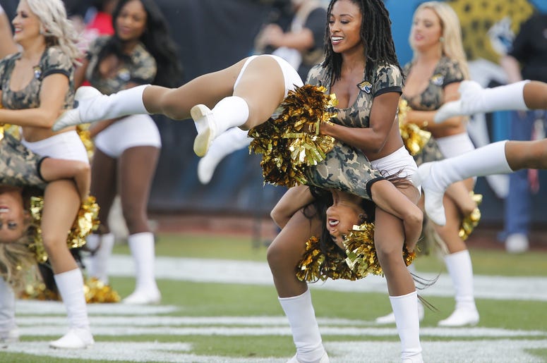Members of the Jacksonville Jaguars cheerleaders \"The Roar\" perform during the second half against the Tampa Bay Buccaneers at TIAA Bank Field. Members of the Jacksonville Jaguars cheerleaders \"The Roar\" perform during the second half against the Tampa Bay Buccaneers at TIAA Bank Field.
