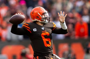Dec 8, 2019; Cleveland, OH, USA; Cleveland Browns quarterback Baker Mayfield (6) throws the ball against the Cincinnati Bengals during the first quarter at FirstEnergy Stadium. Mandatory Credit: Scott R. Galvin-USA TODAY Sports