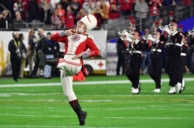 Dec 28, 2019; Glendale, AZ, USA; Ohio State Buckeyes drum major and marching band performs before the 2019 Fiesta Bowl college football playoff semifinal game against the Clemson Tigers at State Farm Stadium. Mandatory Credit: Matt Kartozian-USA TODAY Spo
