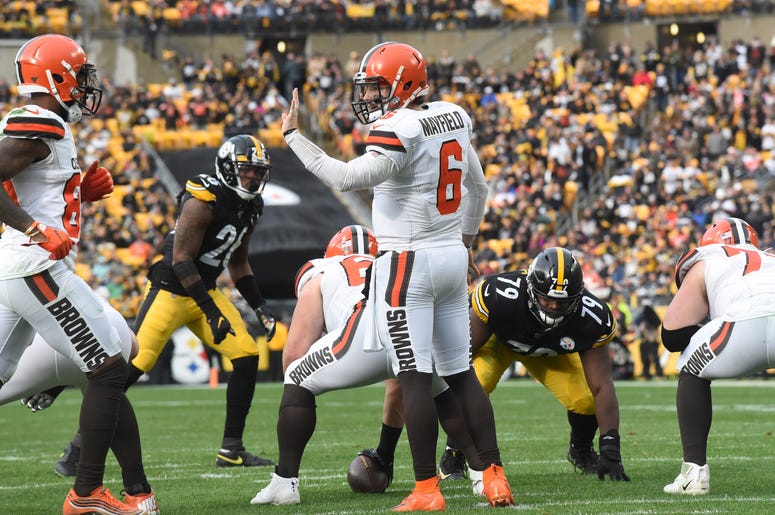 Dec 1, 2019; Pittsburgh, PA, USA; Cleveland Browns quarterback Baker Mayfield (6) call a play against the Pittsburgh Steelers during the second quarter at Heinz Field. Mandatory Credit: Philip G. Pavely-USA TODAY Sports