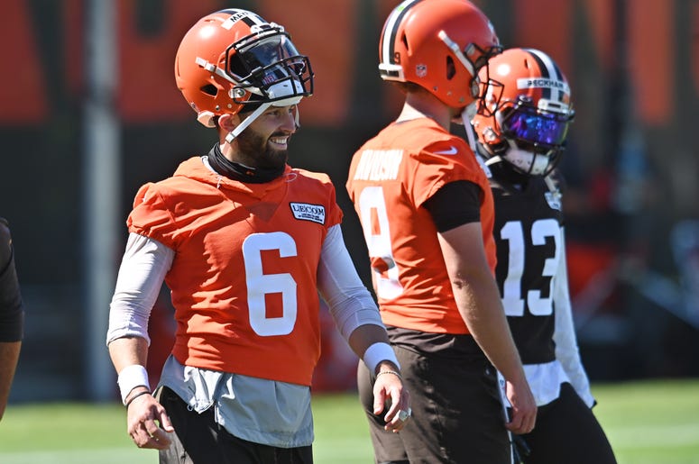Aug 20, 2020; Berea, Ohio, USA; Cleveland Browns quarterback Baker Mayfield (6) during training camp at the Cleveland Browns training facility. Mandatory Credit: Ken Blaze-USA TODAY Sports