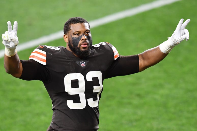 Sep 17, 2020; Cleveland, Ohio, USA; Cleveland Browns middle linebacker B.J. Goodson (93) celebrates after the Browns beat the Cincinnati Bengals at FirstEnergy Stadium. Mandatory Credit: Ken Blaze-USA TODAY Sports