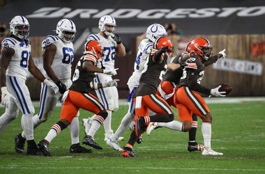 The Cleveland Browns celebrate an interception during the fourth quarter of the NFL week 5 game at First Energy Stadium in Cleveland, Ohio, on Sunday, Oct. 11, 2020. The Browns won, 32-23. Indianapolis Colts At Browns At First Energy Stadium In Nfl Week 5