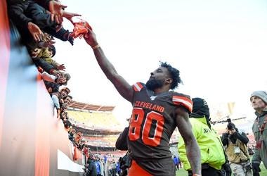 Wide receiver Jarvis Landry #80 of the Cleveland Browns gives his gloves to the fans after the Cleveland Browns defeated the Miami Dolphins