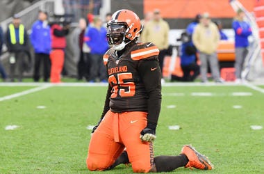 Nov 10, 2019; Cleveland, OH, USA; Cleveland Browns defensive tackle Larry Ogunjobi (65) celebrates after the Buffalo Bills missed a field goal during the second half at FirstEnergy Stadium. Mandatory Credit: Ken Blaze-USA TODAY Sports