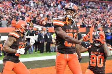Nov 10, 2019; Cleveland, OH, USA; Cleveland Browns wide receiver Rashard Higgins (81) celebrates with wide receiver Odell Beckham (13) and wide receiver Jarvis Landry (80) after a touchdown during the second half against the Buffalo Bills at FirstEnergy S