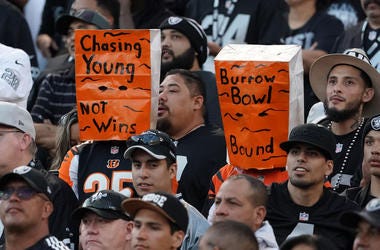 Nov 17, 2019; Oakland, CA, USA; Cincinnati Bengals fans wear Orange bags on their heads in the fourth quarter against the Oakland Raiders at Oakland-Alameda County Coliseum. The Raiders defeated the Bengals 17-10. Mandatory Credit: Kirby Lee-USA TODAY Spo