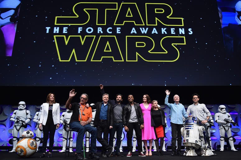 (L-R) Producer Kathleen Kennedy, actors Peter Mayhew, Mark Hamill, Oscar Isaac, John Boyega, Daisy Ridley, Carrie Fisher, Anthony Daniels and director J.J. Abrams speak onstage during Star Wars Celebration 2015 on April 16, 2015 in Anaheim, California. (L-R) Producer Kathleen Kennedy, actors Peter Mayhew, Mark Hamill, Oscar Isaac, John Boyega, Daisy Ridley, Carrie Fisher, Anthony Daniels and director J.J. Abrams speak onstage during Star Wars Celebration 2015 on April 16, 2015 in Anaheim, California.