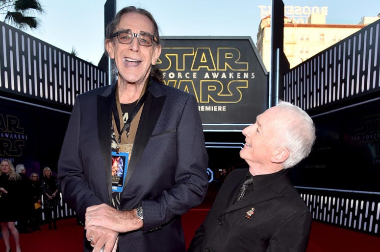 Actors Peter Mayhew (L) and Anthony Daniels attend the World Premiere of Star Wars: The Force Awakens Actors Peter Mayhew (L) and Anthony Daniels attend the World Premiere of Star Wars: The Force Awakens