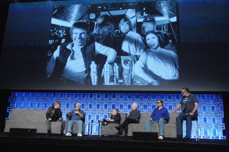 Mark Hamill, George Lucas, Warwick Davis, Anthony Daniels, Billy Dee Williams and Peter Mayhew attend the 40 Years of Star Wars panel during the 2017 Star Wars Celebrationat Orange County Convention Center on April 13, 2017 in Orlando, Florida. Mark Hamill, George Lucas, Warwick Davis, Anthony Daniels, Billy Dee Williams and Peter Mayhew attend the 40 Years of Star Wars panel during the 2017 Star Wars Celebrationat Orange County Convention Center on April 13, 2017 in Orlando, Florida.