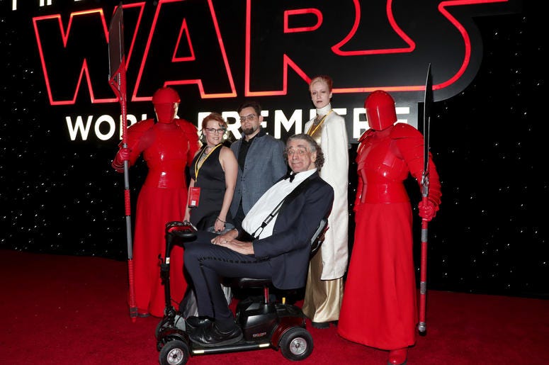 Peter Mayhew (C) and family with the Praetorian Guard at the world premiere of Lucasfilm's Star Wars: The Last Jedi Peter Mayhew (C) and family with the Praetorian Guard at the world premiere of Lucasfilm's Star Wars: The Last Jedi