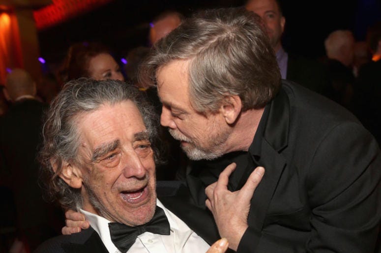 Peter Mayhew (L) and Actor Mark Hamill at the world premiere of Lucasfilm's Star Wars: The Last Jedi Peter Mayhew (L) and Actor Mark Hamill at the world premiere of Lucasfilm's Star Wars: The Last Jedi