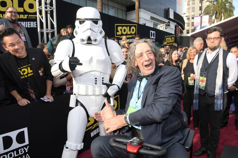 Actor Peter Mayhew attends the world premiere of Solo: A Star Wars Story in Hollywood on May 10, 2018. Actor Peter Mayhew attends the world premiere of Solo: A Star Wars Story in Hollywood on May 10, 2018.