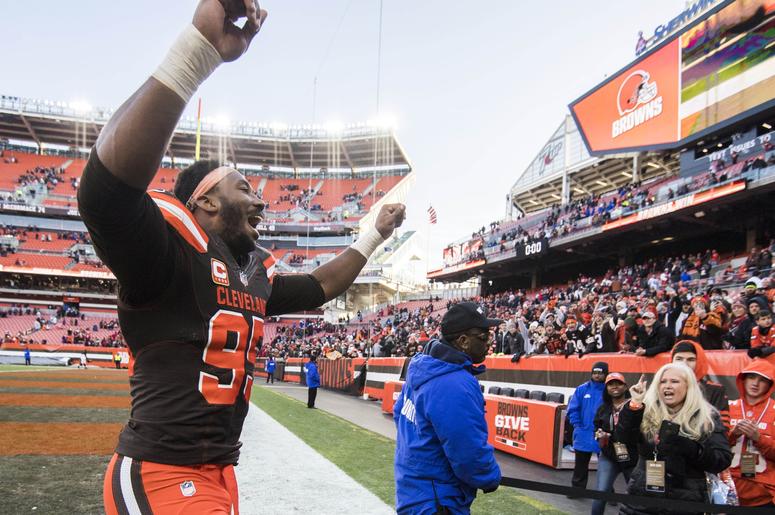Cleveland Browns defensive end Myles Garrett (95) celebrates after the Cleveland Browns beat the Atlanta Falcons at FirstEnergy Stadium. Cleveland Browns defensive end Myles Garrett (95) celebrates after the Cleveland Browns beat the Atlanta Falcons at FirstEnergy Stadium.