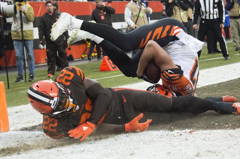 Cincinnati Bengals tight end C.J. Uzomah (87) comes down with a touchdown as Cleveland Browns free safety Jabrill Peppers (22) defends during the second half at FirstEnergy Stadium. Cincinnati Bengals tight end C.J. Uzomah (87) comes down with a touchdown as Cleveland Browns free safety Jabrill Peppers (22) defends during the second half at FirstEnergy Stadium.