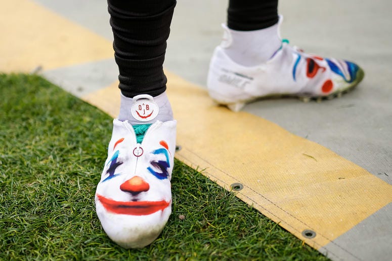 Nov 3, 2019; Denver, CO, USA; A detail view of the shoes worn by Cleveland Browns wide receiver Odell Beckham Jr. (13) in the second quarter against the Denver Broncos at Empower Field at Mile High. Mandatory Credit: Isaiah J. Downing-USA TODAY Sports