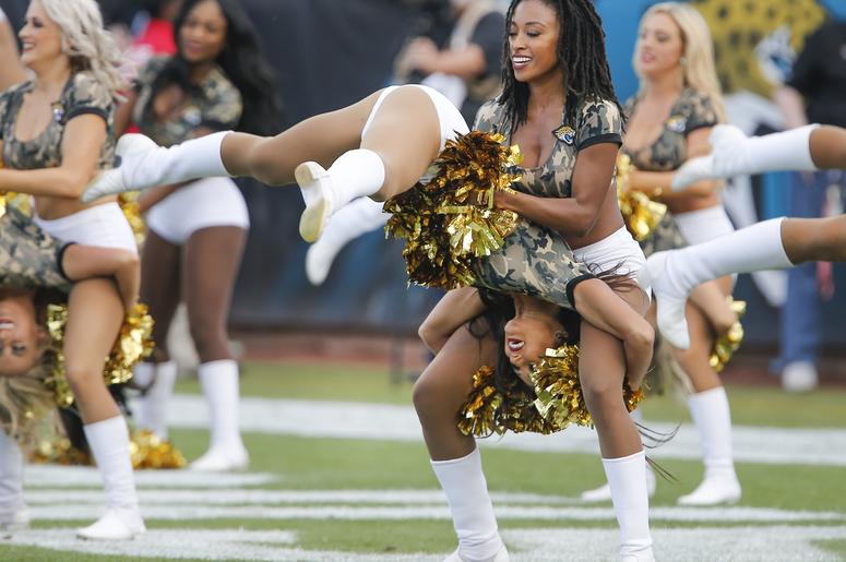 Members of the Jacksonville Jaguars cheerleaders \"The Roar\" perform during the second half against the Tampa Bay Buccaneers at TIAA Bank Field. Members of the Jacksonville Jaguars cheerleaders \"The Roar\" perform during the second half against the Tampa Bay Buccaneers at TIAA Bank Field.