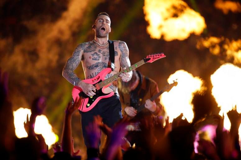 Adam Levine performs with Maroon 5 at Super Bowl LIII