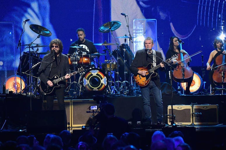 NEW YORK, NY - APRIL 07: 2017 Inductee Jeff Lynne (L) of ELO performs onstage at the 32nd Annual Rock & Roll Hall Of Fame Induction Ceremony at Barclays Center on April 7, 2017 in New York City.