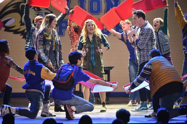 Barrett Wilbert Weed, Erika Henningsen, Grey Henson and the cast of Mean Girls perform onstage during the 72nd Annual Tony Awards at Radio City Music Hall on June 10, 2018 in New York City.