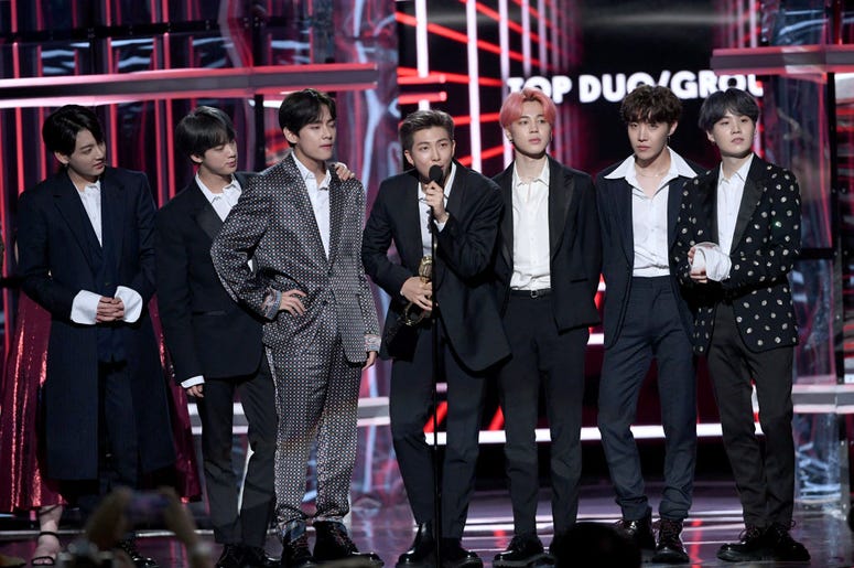 Jimin, Jungkook, J-Hope, Suga, Jin, RM, and V of BTS accept the Top Duo/Group award onstage during the 2019 Billboard Music Awards at MGM Grand Garden Arena on May 01, 2019 in Las Vegas, Nevada Jimin, Jungkook, J-Hope, Suga, Jin, RM, and V of BTS accept the Top Duo/Group award onstage during the 2019 Billboard Music Awards at MGM Grand Garden Arena on May 01, 2019 in Las Vegas, Nevada