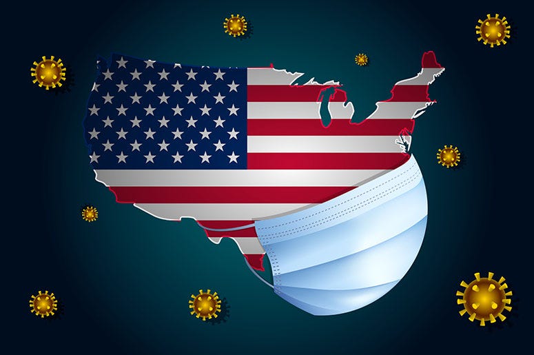 WPGC's Coronavirus Resource Page Map with flag of United States of America on background in a medical mask protects itself from nCoV. Viruses Around the US.