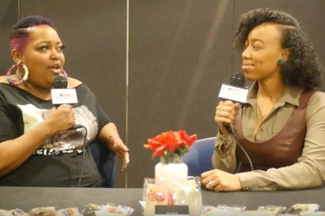Poet talks with earring designer Alaya Butler. Poet talks with earring designer Alaya Butler.