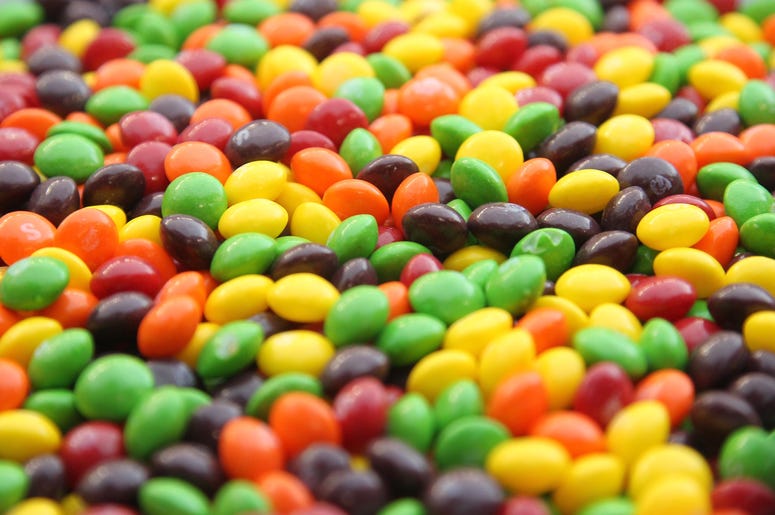A pile of loose Skittles