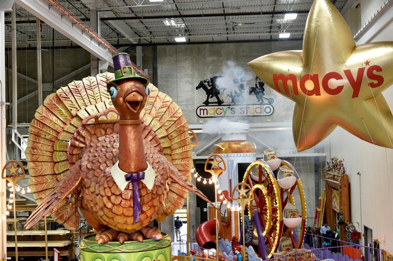 Morgan State University band will become first Maryland HBCU to play in the parade. Parade floats are pictured in a Macys warehouse.