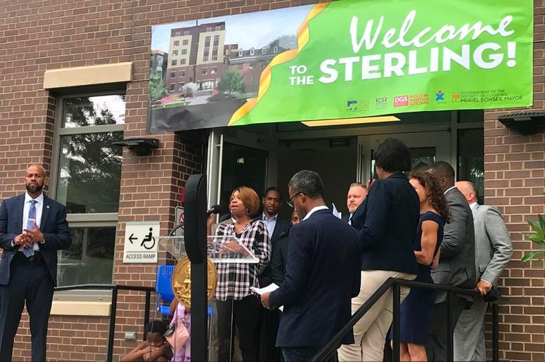Mayor Muriel Bowser cut the ribbon on a brand new Ward 5 short-term family housing facility The Sterling. Mayor Muriel Bowser cut the ribbon on a brand new Ward 5 short-term family housing facility The Sterling.