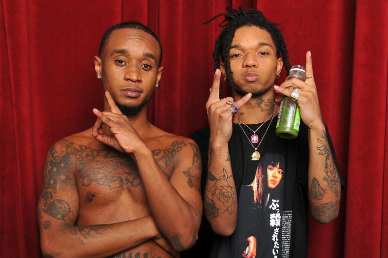 Aaquil 'Slim' Jxmmi' Brown and Khalif 'Swae Lee' Brown of Rae Sremmurd pose for a portrait backstage at The Game Awards 2016 at the Microsoft Theater on December 1, 2016 Aaquil 'Slim' Jxmmi' Brown and Khalif 'Swae Lee' Brown of Rae Sremmurd pose for a portrait backstage at The Game Awards 2016 at the Microsoft Theater on December 1, 2016
