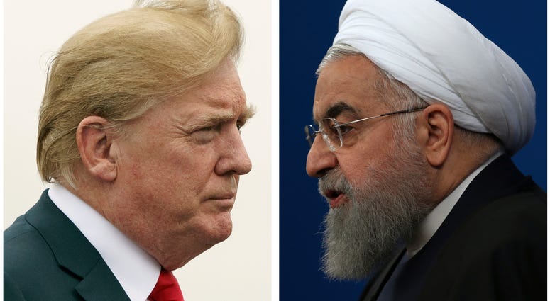 COMBO - This combination of two pictures shows U.S. President Donald Trump, left, on July 22, 2018, and Iranian President Hassan Rouhani on Feb. 6, 2018. In his latest salvo, Trump tweeted late on Sunday, July 22 that hostile t